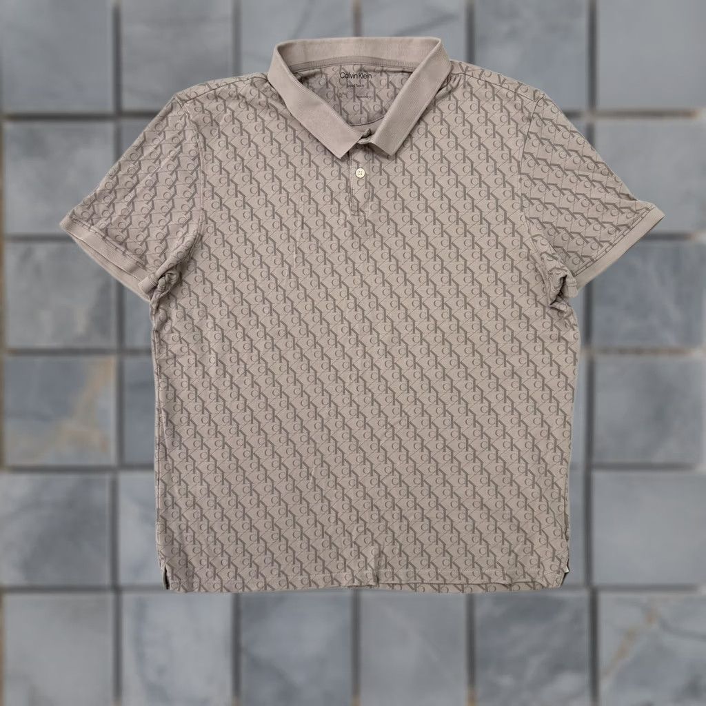 Calvin Klein Calvin Klein Polo Shirt Mens XL Beige Liquid Touch Logo Monogram Stretch AOP Short Sleeve Chelsea CK Shirt Polo Mens XL Beige Size US XL / EU 56 / 4 - 1 Thumbnail