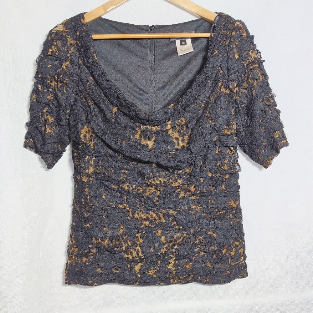 Tadashi Shoji Tadashi Shoji Sz 12 Black Lace and Gold Leopard Blouse Size XL / US 12-14 / IT 48-50 - 1 Thumbnail