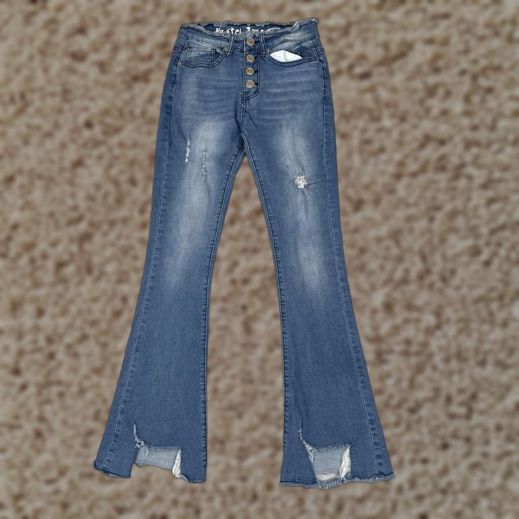 Vintage Pastel Jeans Jeans Juniors 5/6 Blue High Rise Distressed Stretch Flare 90s Womens Size 28" / US 6 / IT 42 - 1 Thumbnail