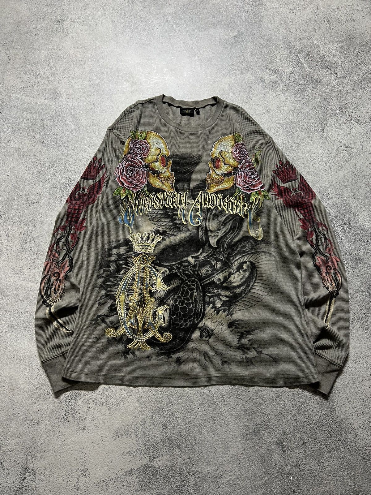 image of Y2K Christian Audigier All Over Print Long Sleeve in Grey, Men's (Size Large)