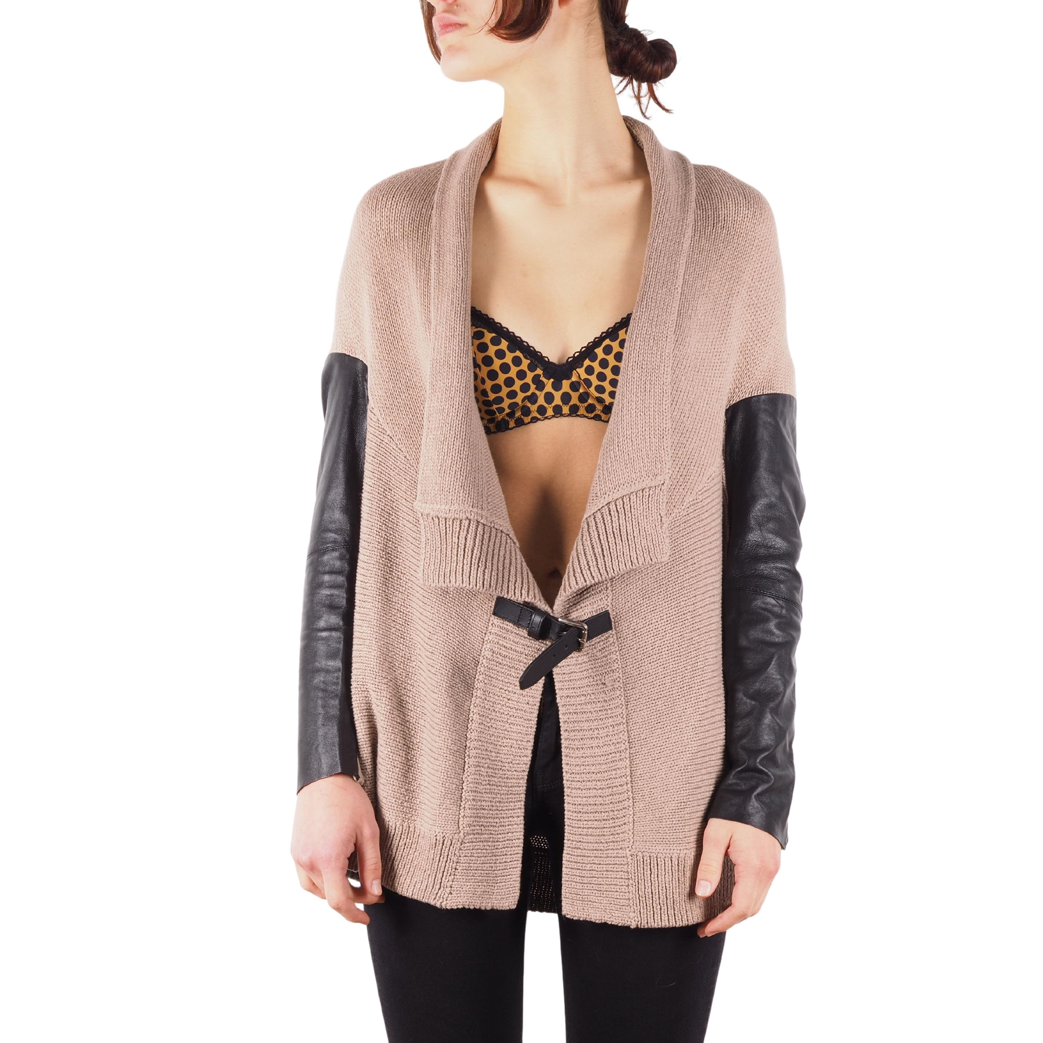 Maje Alane Knit Beige Cardigan Buckle Black Leather Sleeves