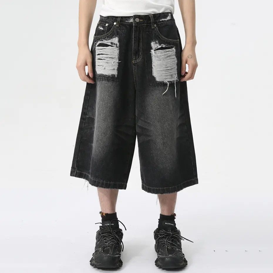 Japanese Brand × Vintage Baggy Denim Ripped Whiskers Thread Jorts Size US 31 - 1 Thumbnail
