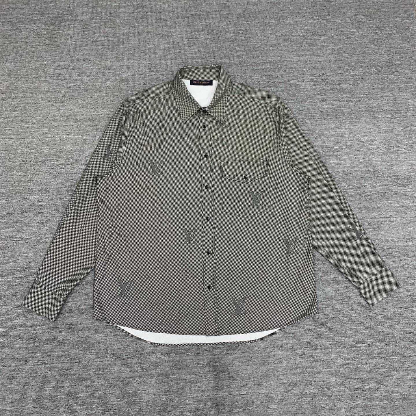 gray checkered logo shirt jacket for men