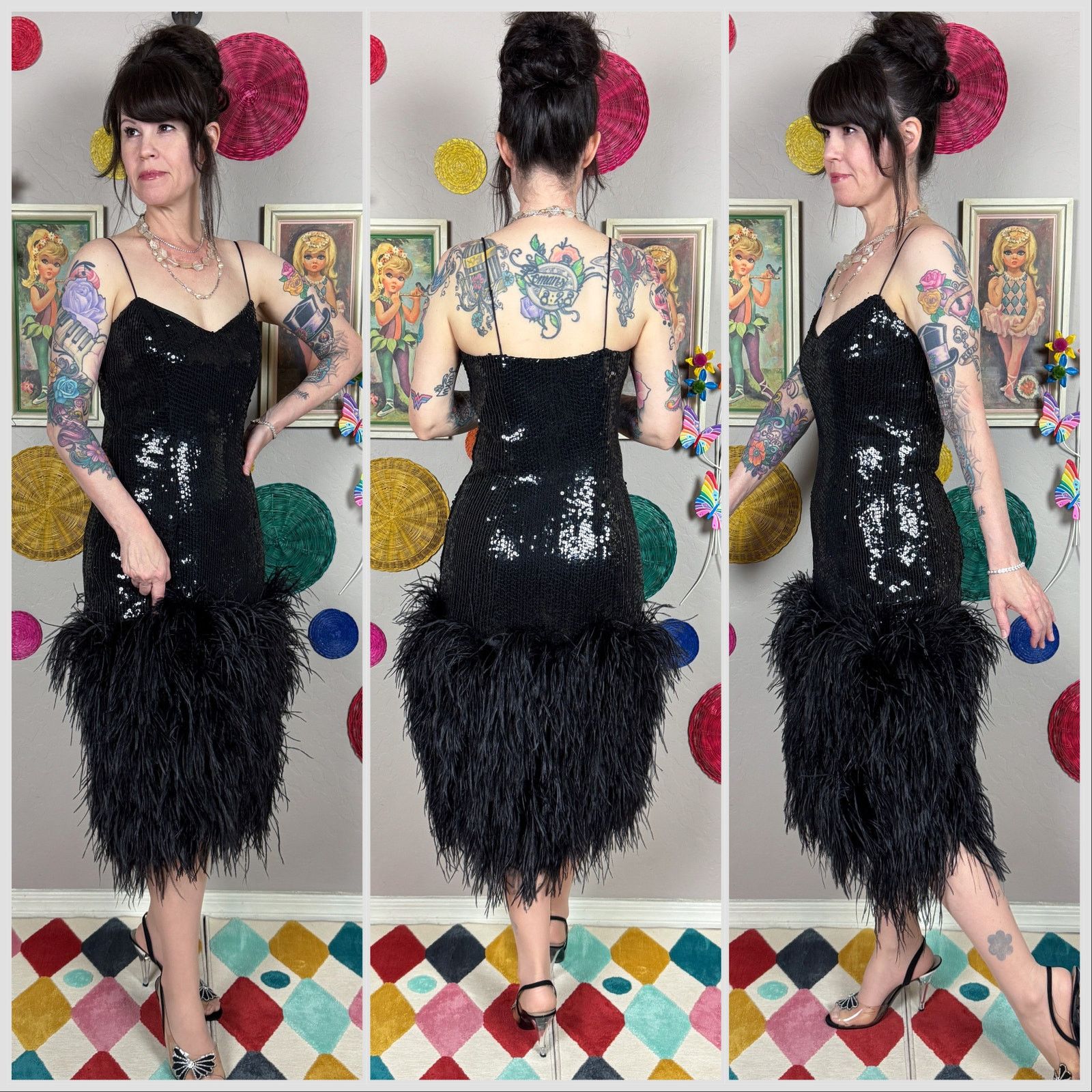 Vintage Vintage 1970s Black Sequins & Ostrich Feather Cocktail Dress Size S / US 4 / IT 40 - 2 Thumbnail