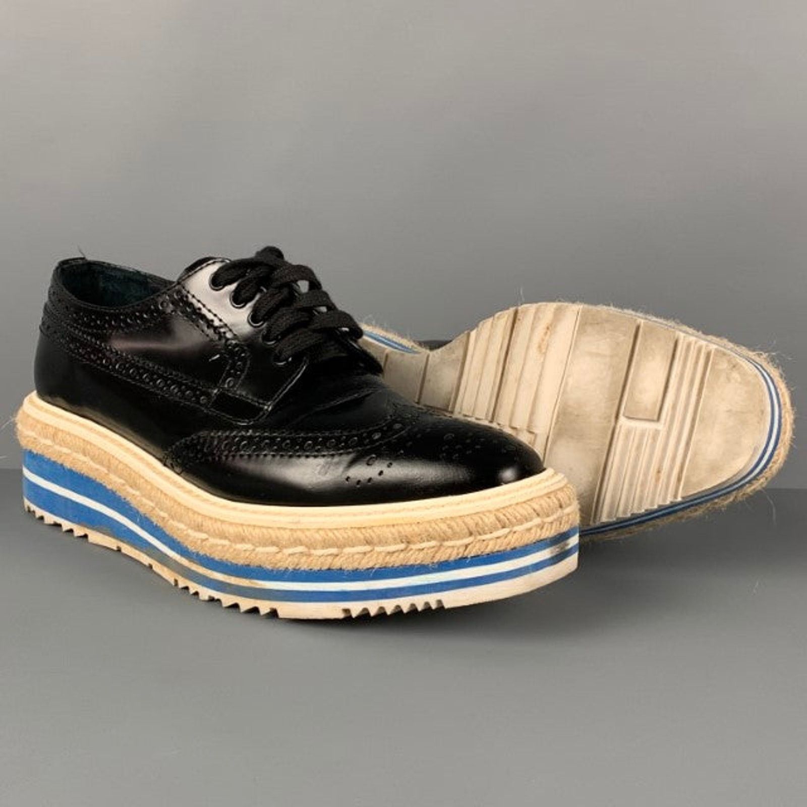 Prada PRADA Size 6.5 Black White Blue Perforated Wingtip Shoes Size US 6.5 / IT 36.5 - 3 Thumbnail