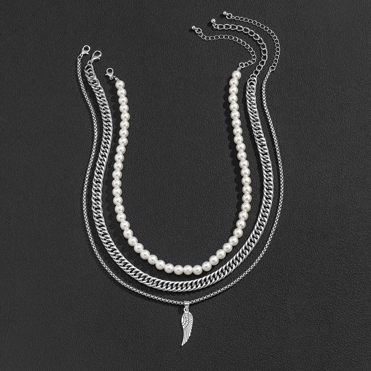 Jewelry 3pcs Pendant Necklaces Imitation-Pearl Cuban Thick Size ONE SIZE - 2 Thumbnail