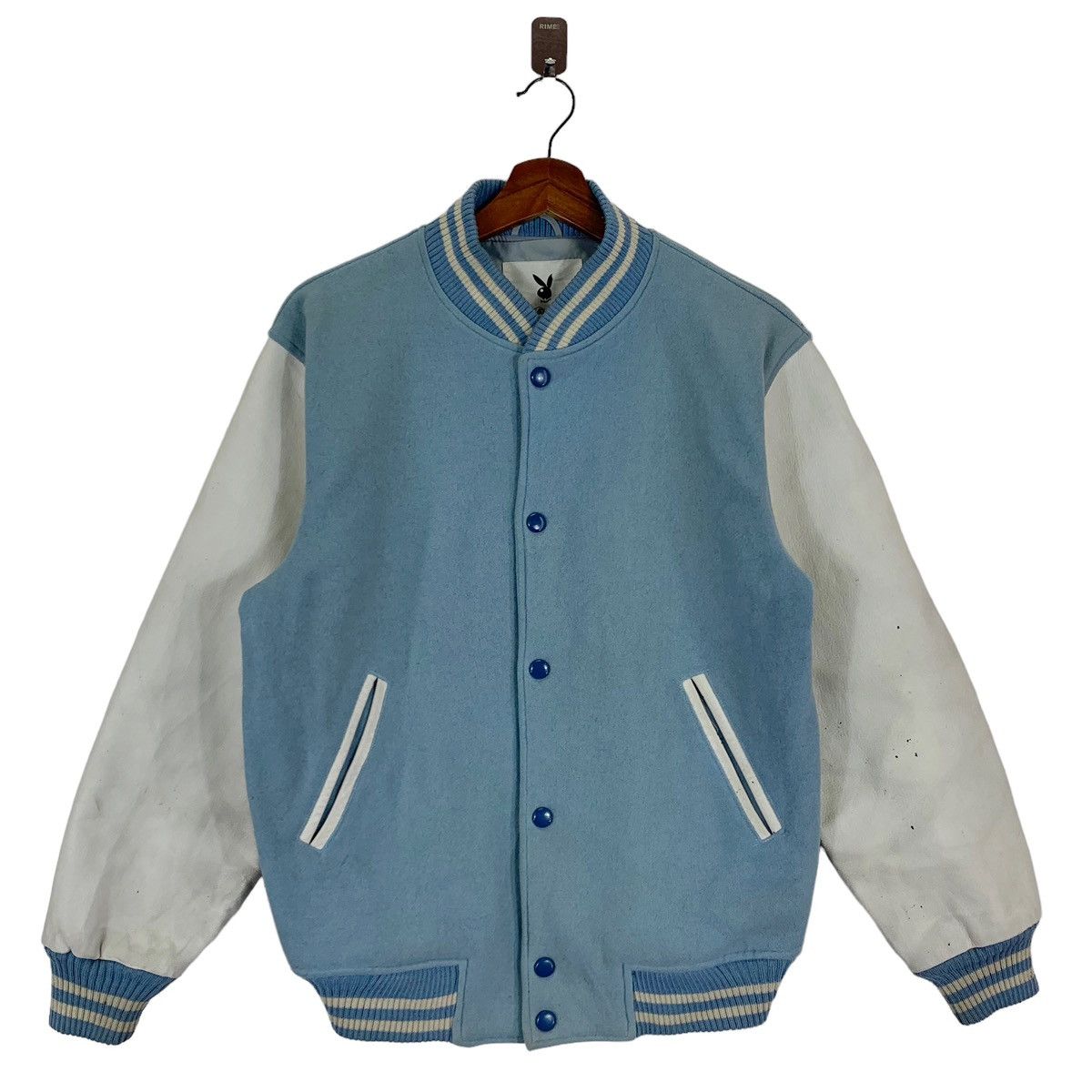 image of Playboy Bunny Moon Rabbit Varsity Leather Wool Jacket in Blue, Men's (Size Medium)