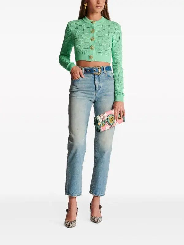Balmain o1s1wg110825 Monogram Open Knit Cardigan in Green Size M / US 6-8 / IT 42-44 - 2 Thumbnail