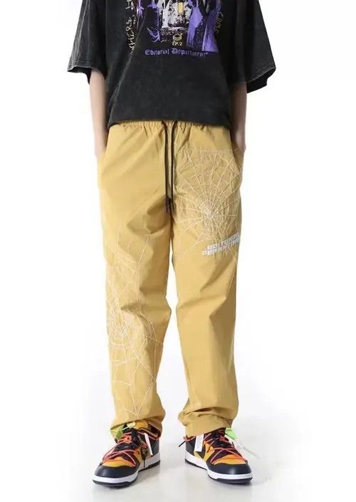 image of Vintage Nylon Spider Web Embroidered Track Pants in Yellow, Men's (Size 32)