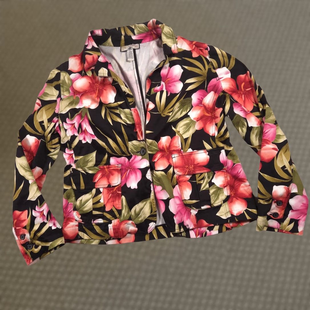 Vintage Caribbean Joe Jacket Womens XL Black Tropical Floral Print Button Front Casual Size XL / US 12-14 / IT 48-50 - 1 Thumbnail