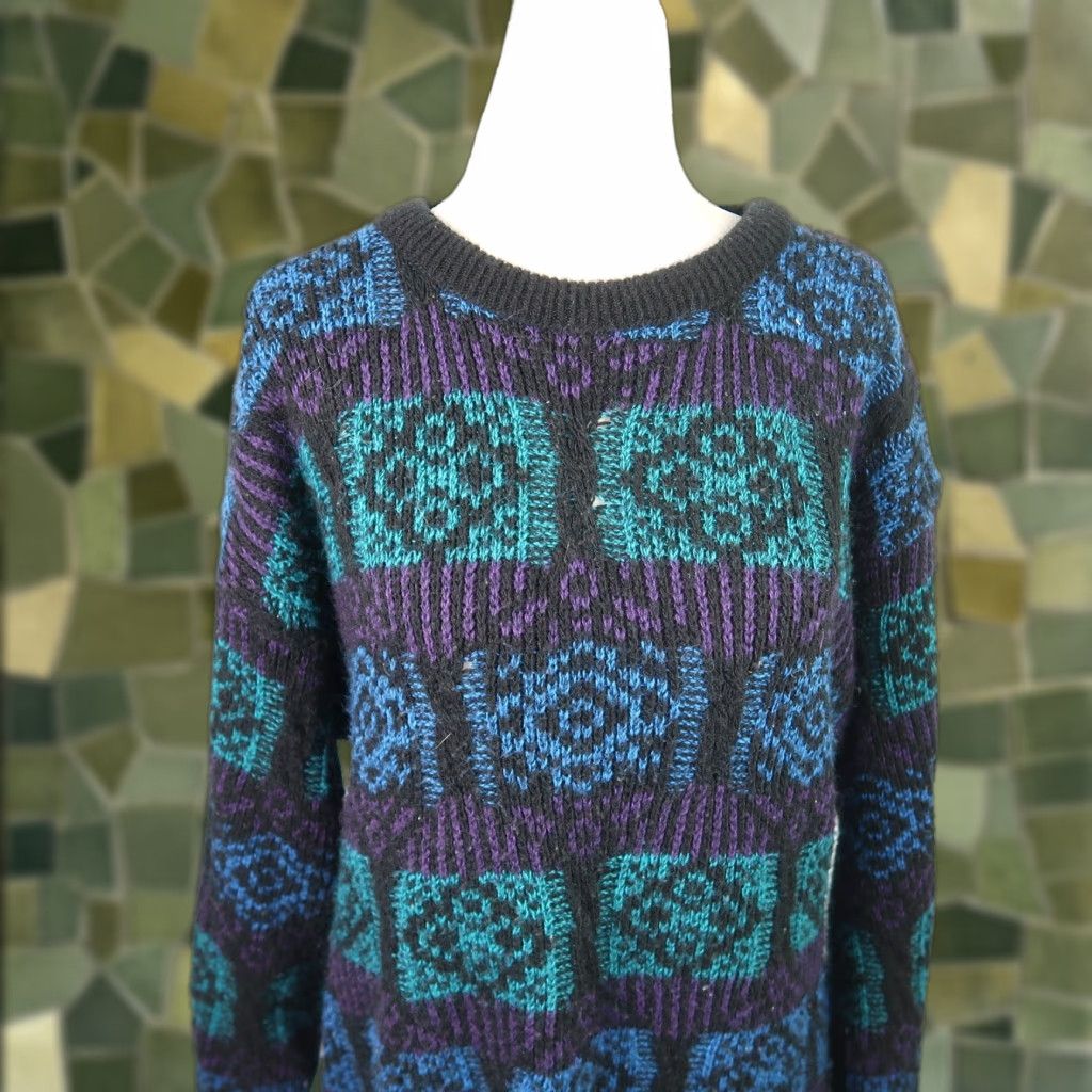 Jantzen VINTAGE Jantzen Mens knit sweater Black teal geometric print S 1980s Mens Size US S / EU 44-46 / 1 - 1 Thumbnail