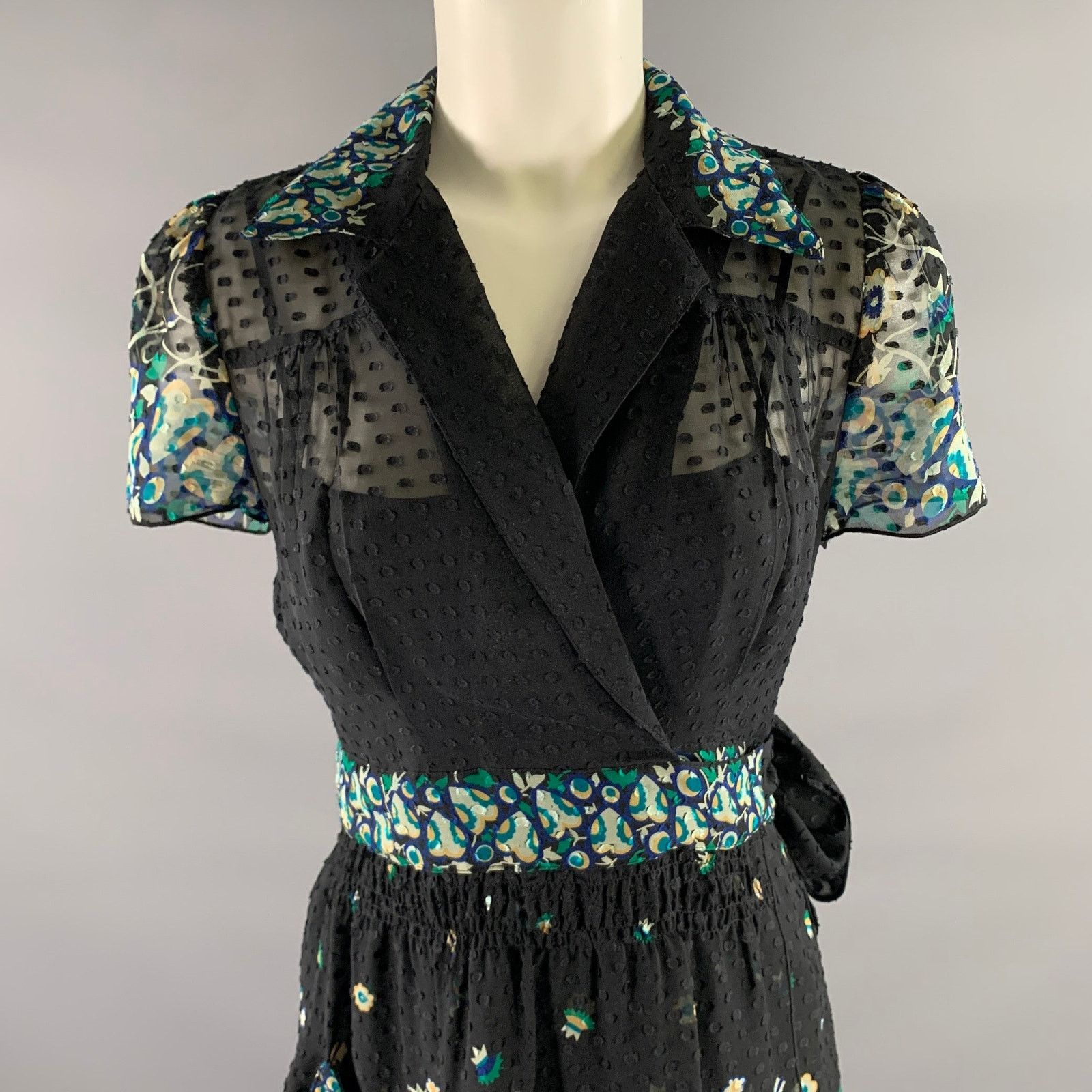 Anna Sui ANNA SUI Black Blue Silk Floral Midi Knee-Length Dress Size S / US 4 / IT 40 - 2 Thumbnail