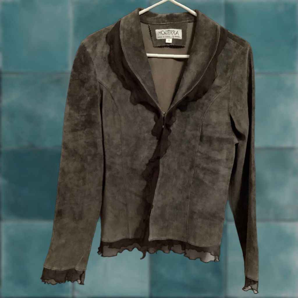 Vintage Monterra Jacket Women S Brown Pig Suede Leather Ruffles Lightweight Western Size S / US 4 / IT 40 - 1 Thumbnail