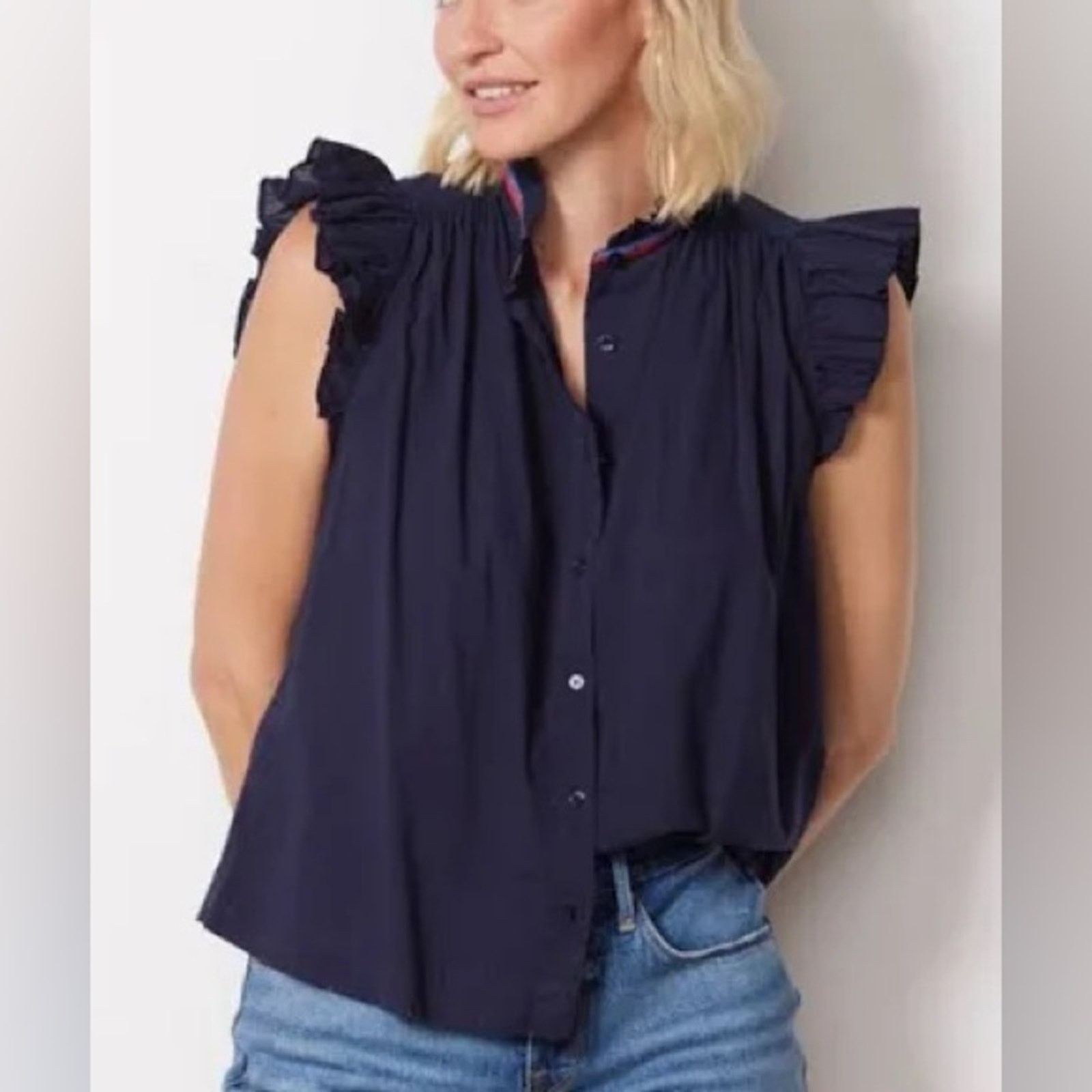 Anthropologie New! Sundry Flutter Sleeve Button Down - Navy - 1(S) - $128 Size S / US 4 / IT 40 - 1 Thumbnail