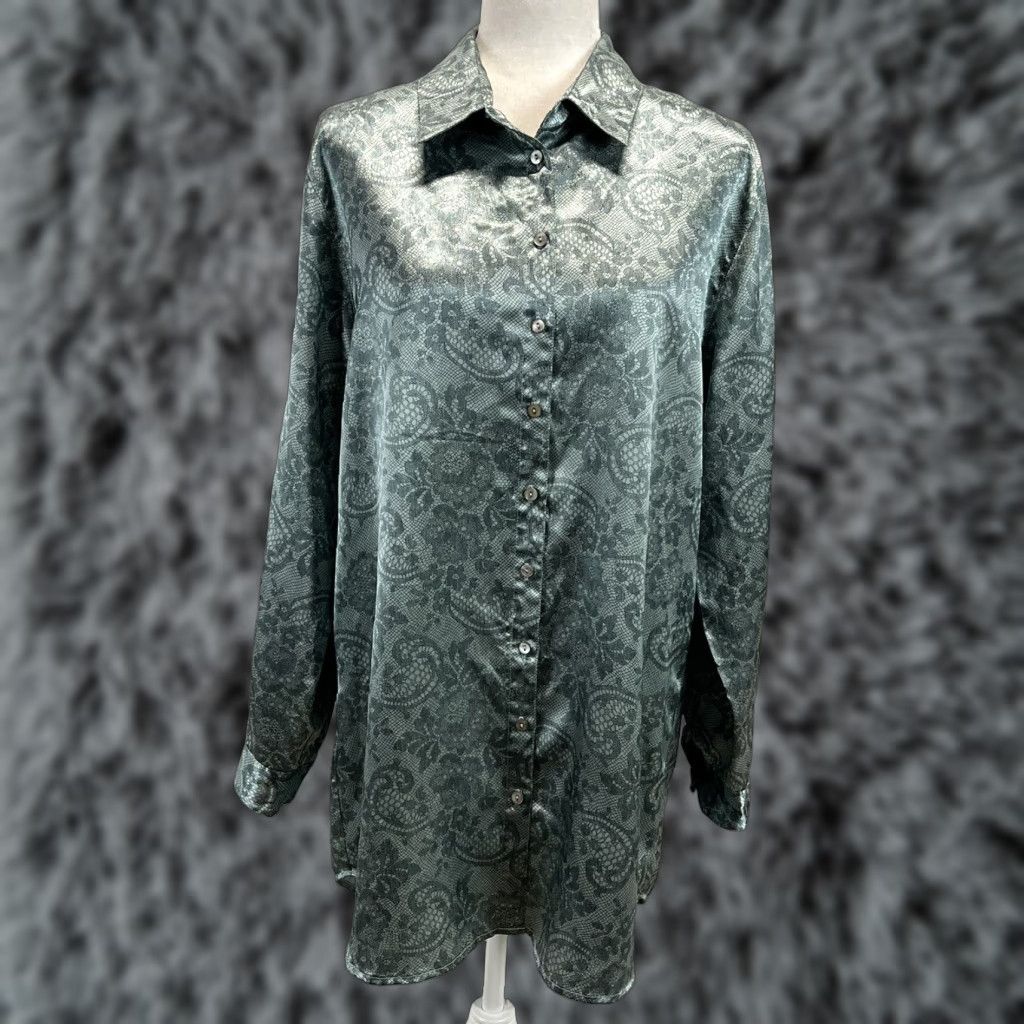 Soft Surroundings Soft Surroundings Floral Lace Print Long Sleeve Button Down Satin Shirt Sz Large Size L / US 10 / IT 46 - 1 Thumbnail
