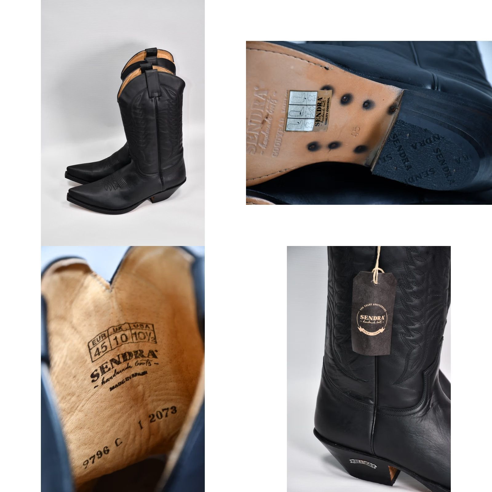 Vintage Sendra 2073 Cuervo Pull Oil Negro Black Leather Western Cowboy Boots US 10.5 Mens Boots Pull On Leather Western 2073 Cuervo Black Leather Size US 10 / EU 43 - 8 Thumbnail