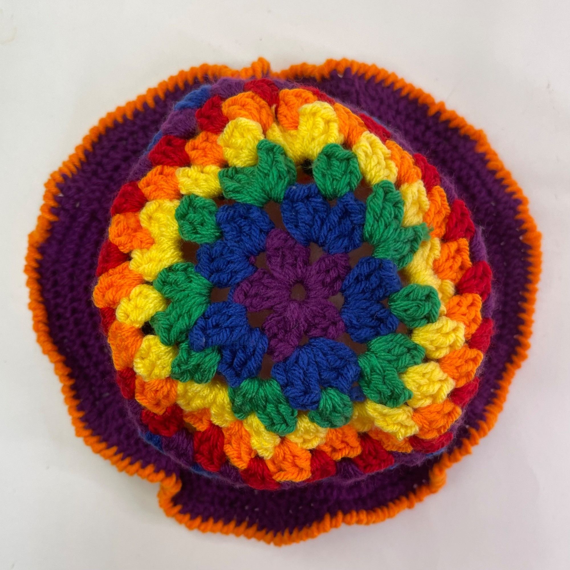 Handmade Crochet Bucket Hat Granny Square Pattern Rainbow Colors Tall Size ONE SIZE - 4 Thumbnail