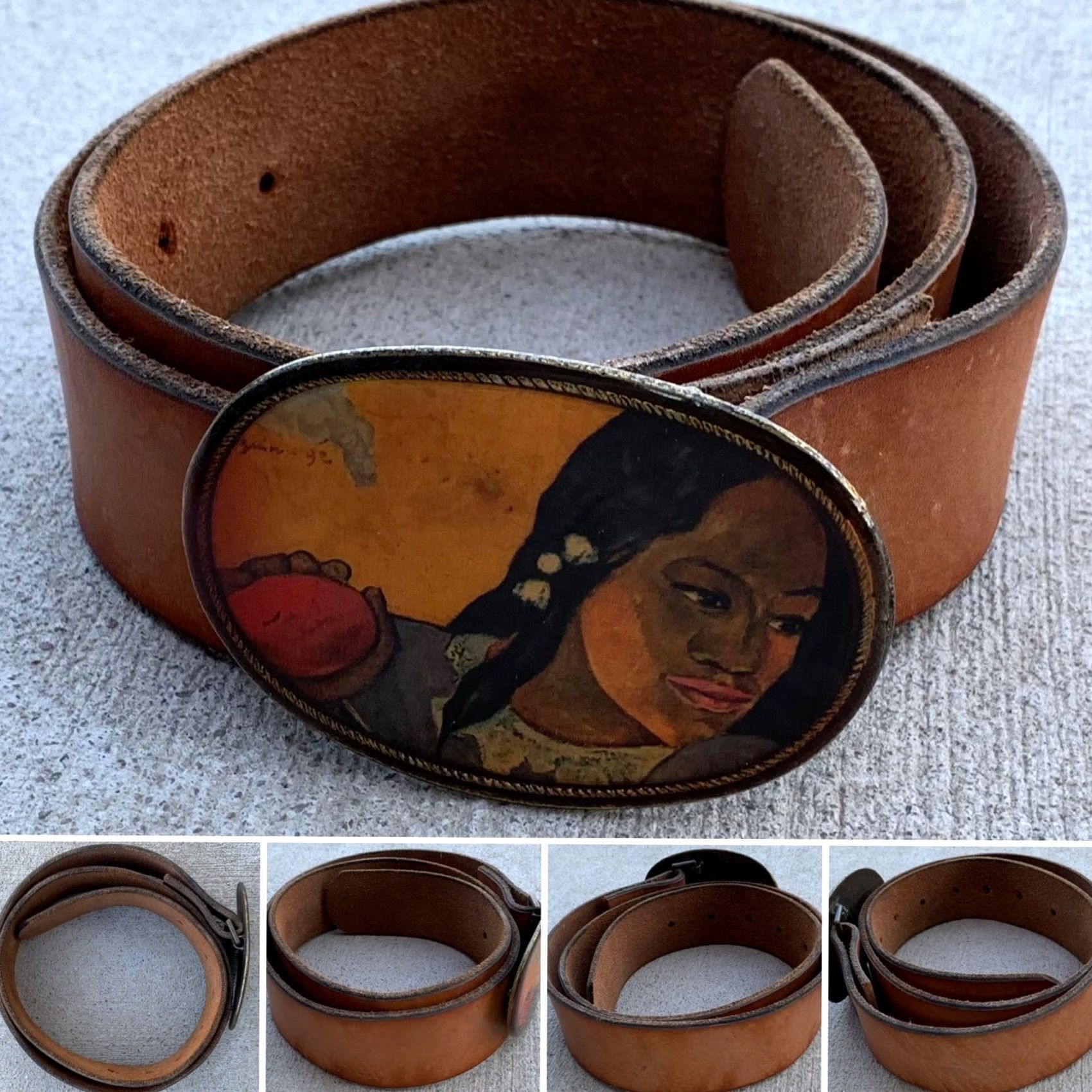 Vintage vtg 1970s brass belt buckle on leather belt portrait of woman western boho USA Belt Buckle Leather Size ONE SIZE - 3 Thumbnail