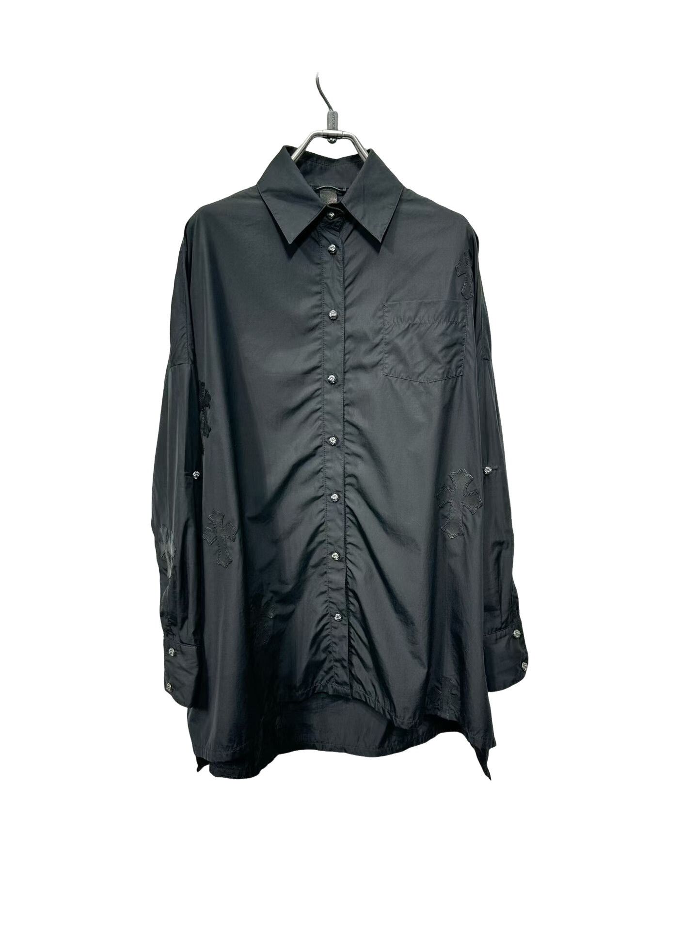 最終値下げCHROME HEARTS FLEUR DRESS SHIRT Chrome Hearts Olive & Black Leather Fleur Patch Button Up Shirt
