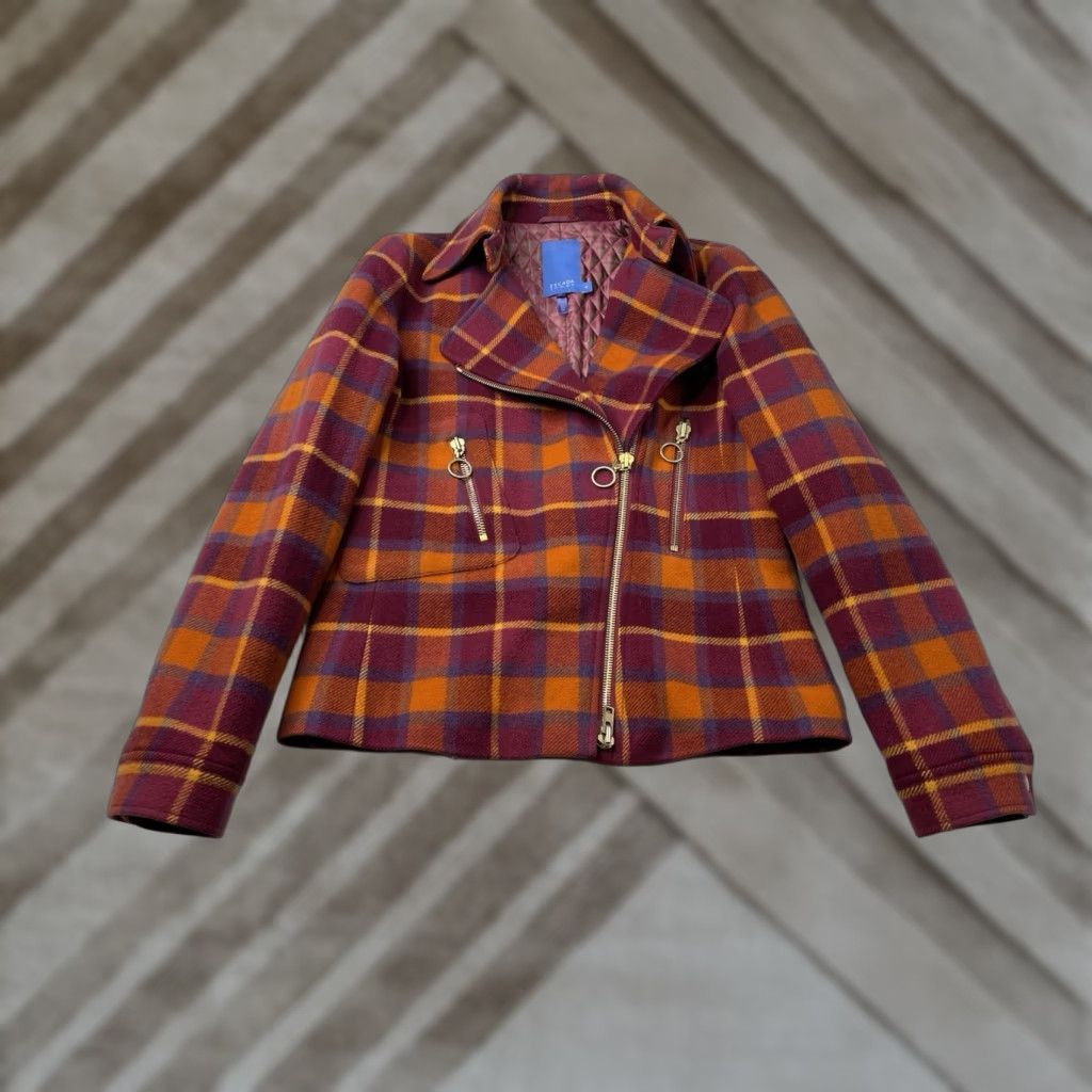 Escada ESCADA Plaid Wool Coat Moto Jacket Full Zip 100% Wool Orange Purple Multicolor Size 36 Women Size XS / US 0-2 / IT 36-38 - 1 Thumbnail