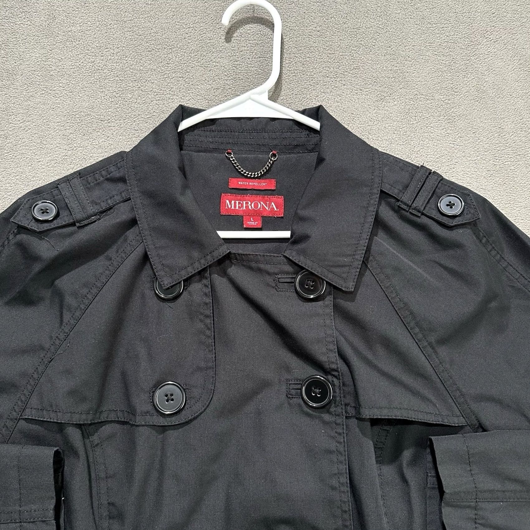 Merona Merona Trench Coat Womens Large Black Double Breasted Belted Water Repellent EUC Coat Size L / US 10 / IT 46 - 6 Thumbnail
