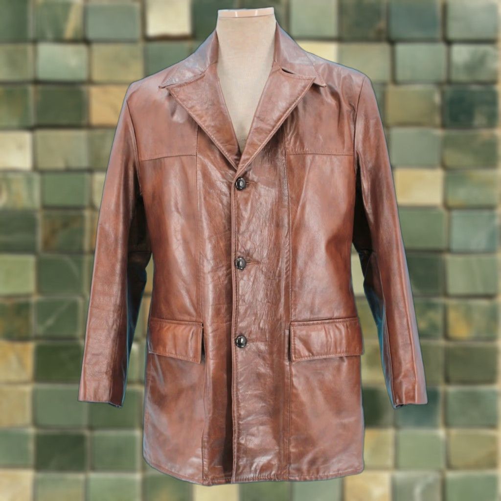 Vintage VINTAGE Mens 70s Leather Jacket Brown Sz 38 R 1970s The Leather Shop Disco Good condition Leather Shirt/Coat Mens Size US XXS / EU 40 - 1 Thumbnail