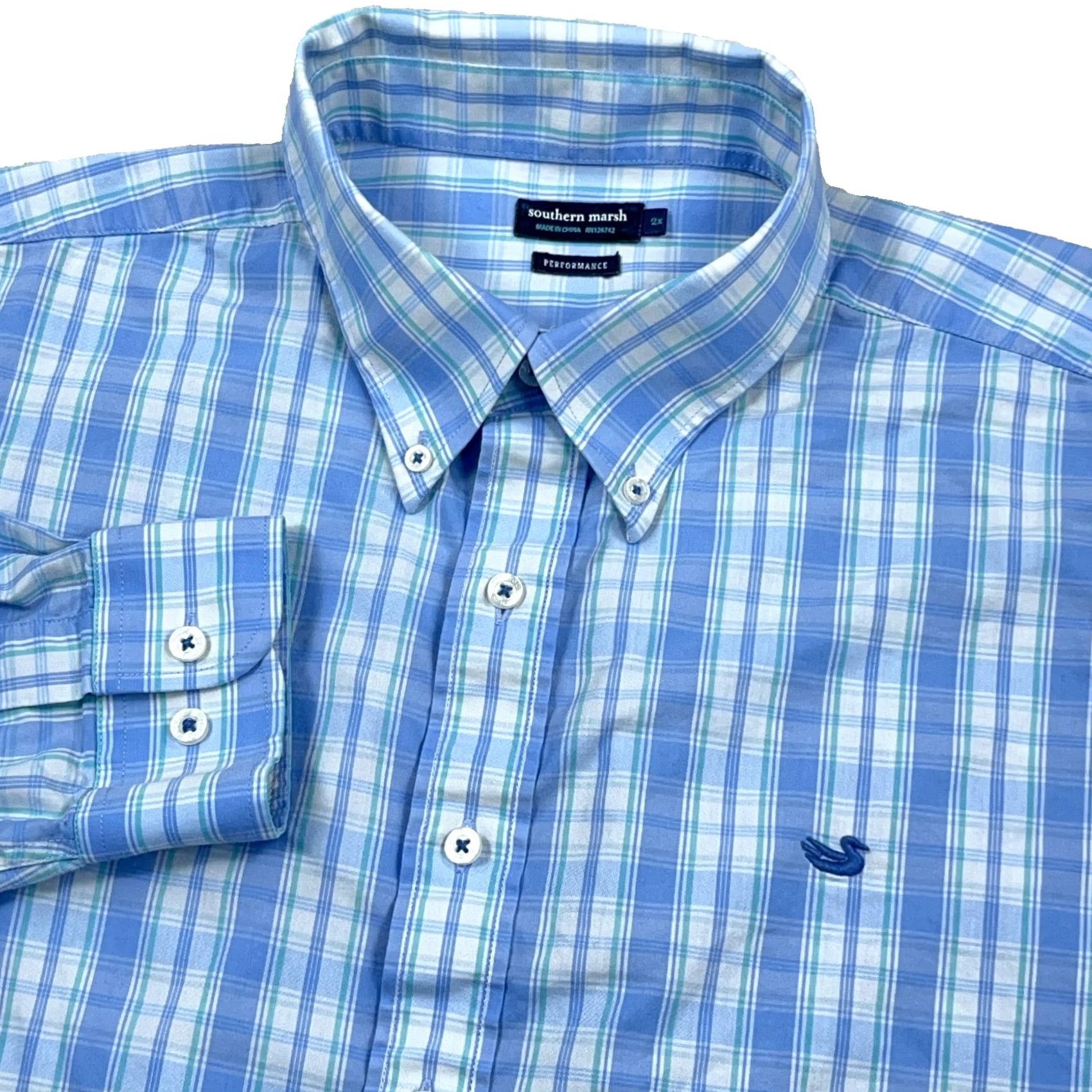 Vintage Southern Marsh Shirt Men 2XL Blue Plaid Button-Up Knit-Blend Wool? No, Cotton Nylon Spandex, Logo Modern Preppy Classic 2XL Mens Shirt Size 48R - 2 Thumbnail