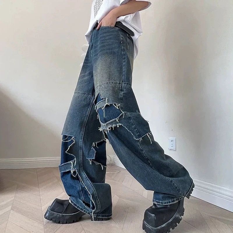 image of Distressed Denim Double Layered Cut Hole Hollow Out Wide Leg Jean in Blue, Men's (Size 32)
