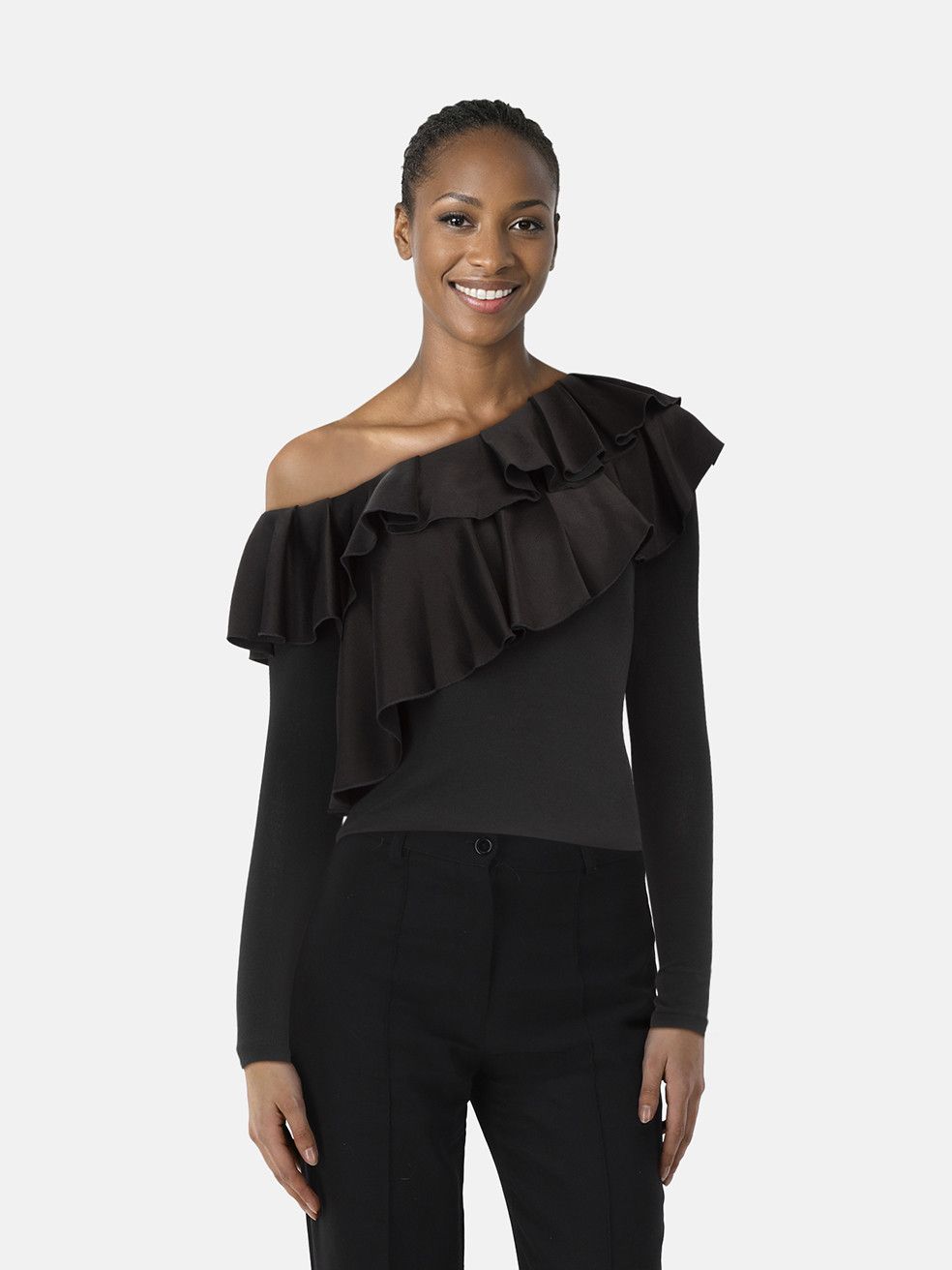 Black Ruffle Asymmetric Top