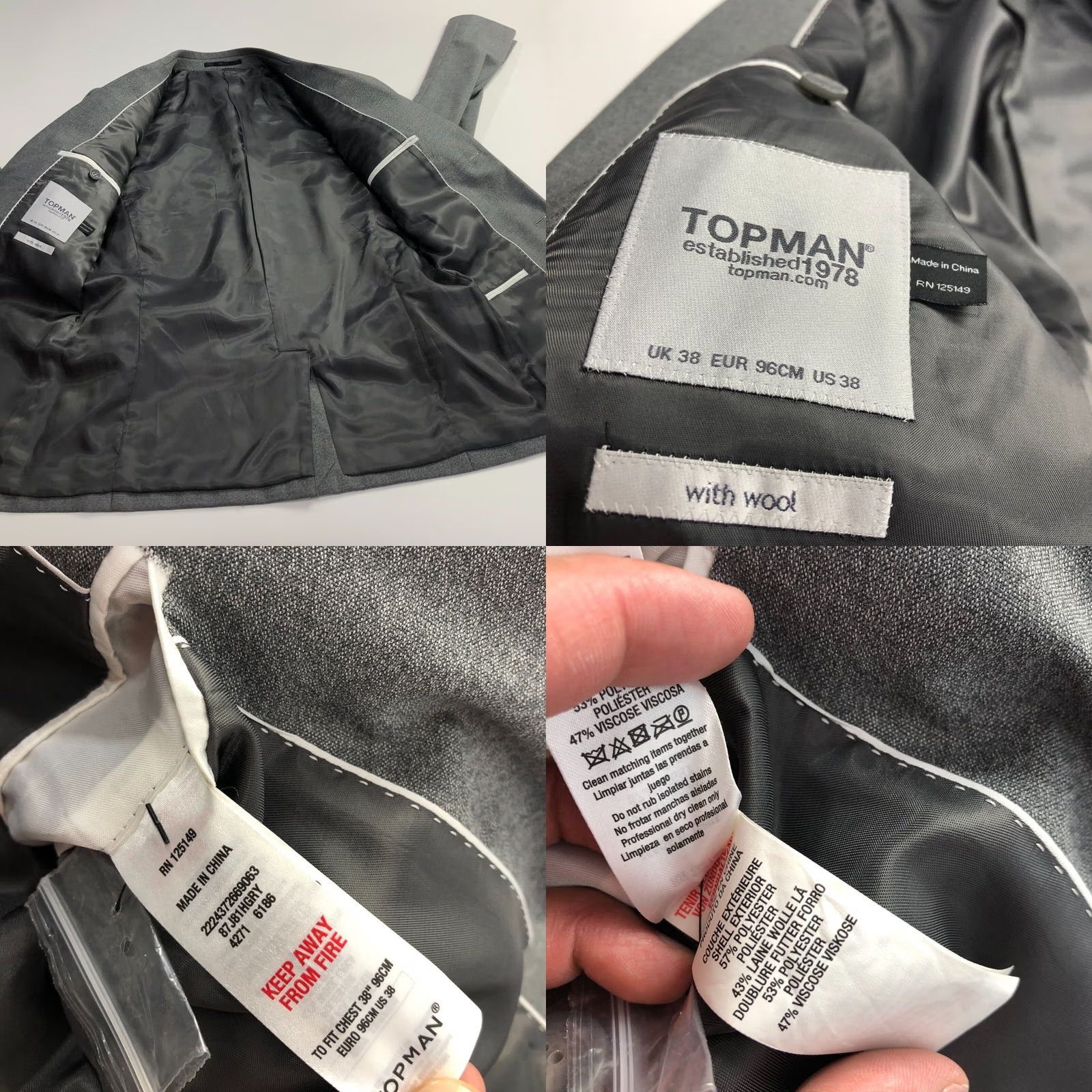 Topman Topman US 38 Men’s Wool Blend Two-Button Blazer Sport Coat Jacket Light Gray Size 38R - 8 Thumbnail