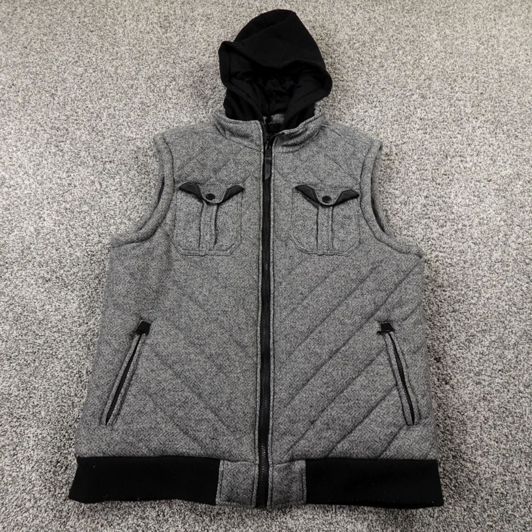 Marcs VINTAGE Marc Ecko Unltd Vest Mens L Gray Quilted Zip Hoodie Bomber Jacket Grunge Skate Hip Hop Hipster Outdoor Preppy All Seasons Hooded Pockets Size US L / EU 52-54 / 3 - 2 Thumbnail