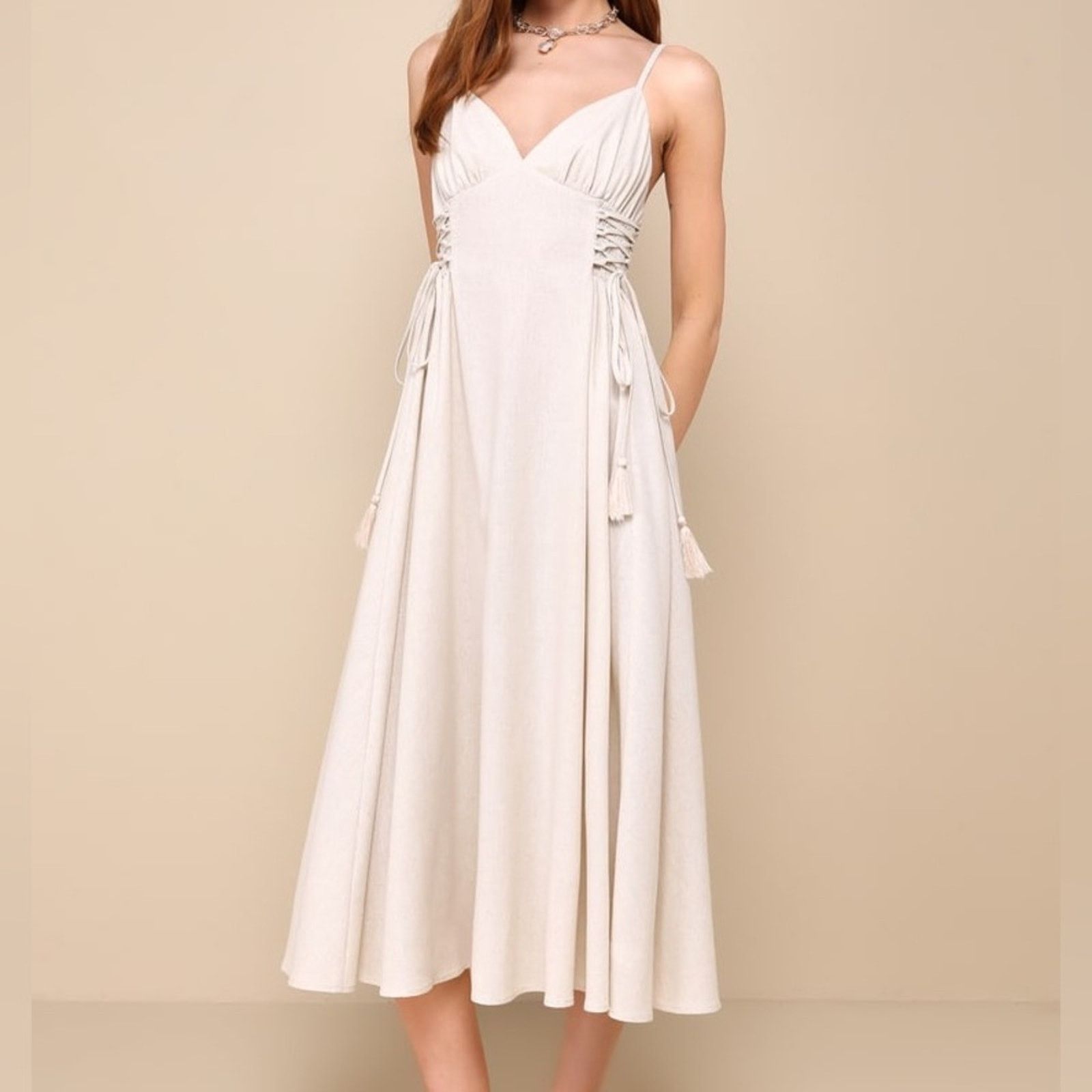 For Love & Lemons Lulus Endlessly Breezy Linen Smocked Lace-Up Midi Dress-#096 Size M / US 6-8 / IT 42-44 - 1 Thumbnail