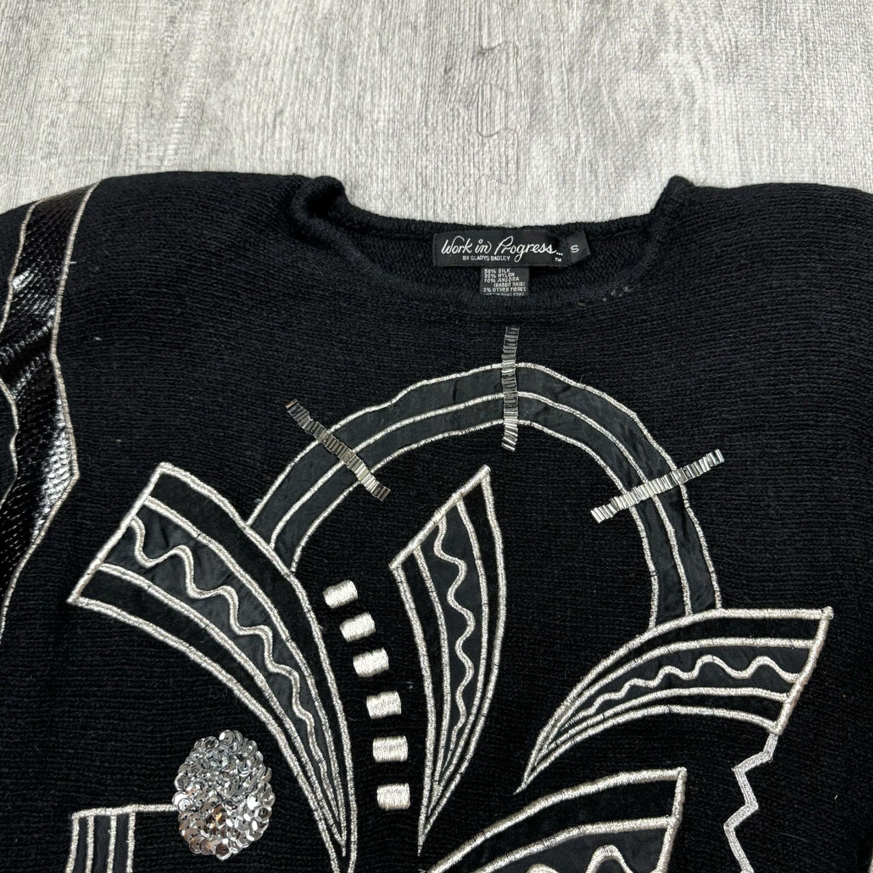 Etro VINTAGE Work in Progress Sweater Women Small Black Beaded Embellished Silk Angora Lambswool 80s Vintage Pullover Womens Size S / US 4 / IT 40 - 2 Thumbnail
