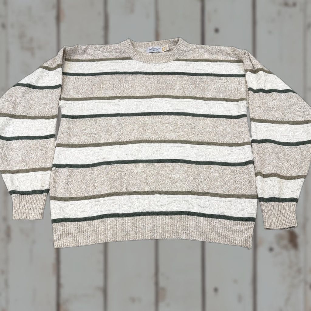 Vintage VINTAGE Munsingwear Sweater Mens Large Beige Striped Cotton Knit Made USA 90s Size US L / EU 52-54 / 3 - 1 Thumbnail