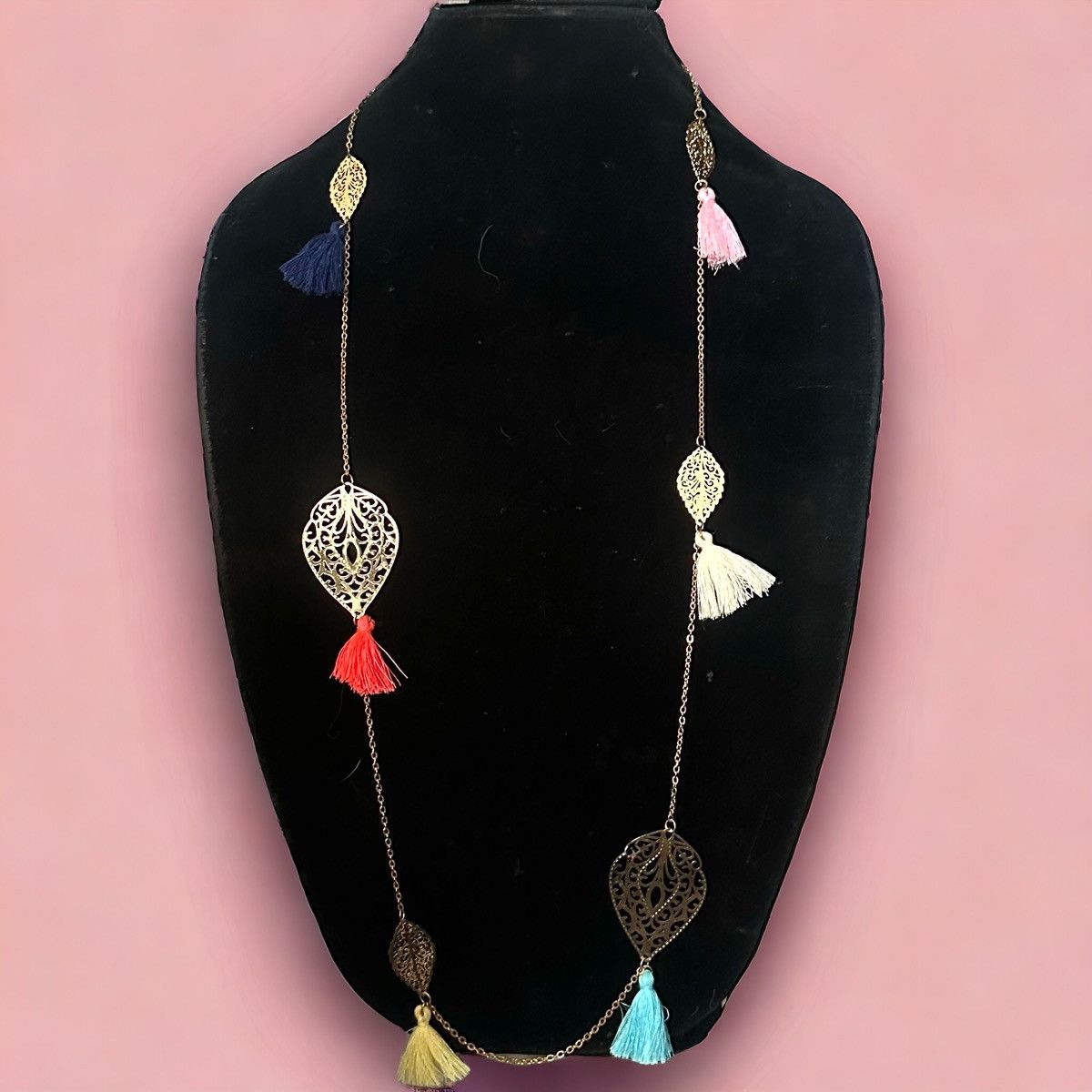 Other Long filigree leaf link with multi color tassels necklace Size ONE SIZE - 1 Thumbnail