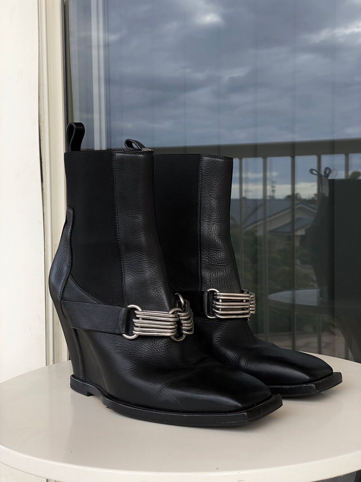 Rick Owens Rick Owens FW19 “Larry” Chain Buckle Square Wedge Heel Boots ...