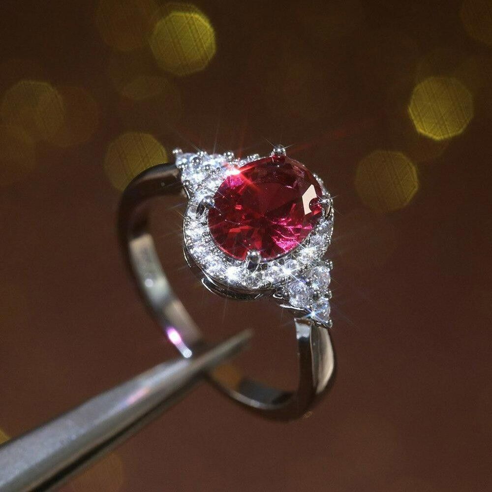 Designer Sterling Silver Oval Ruby Red Halo Ring - Size 7 Size ONE SIZE - 2 Thumbnail
