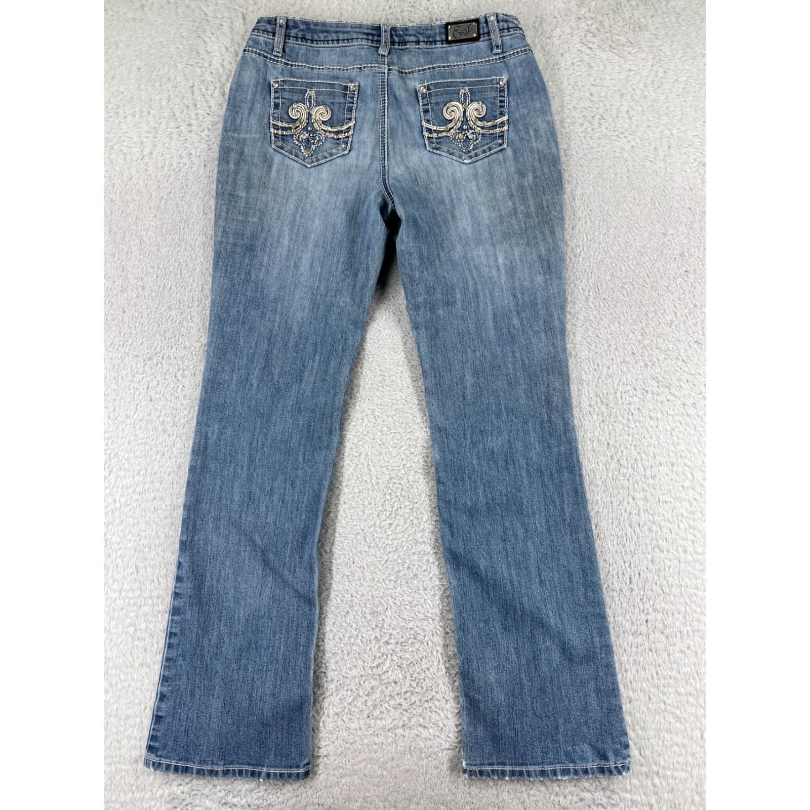 Vintage Earl Jean Jeans Women 6 Tall Blue Denim Boot Mid Rise Bling Embroidered Stretch Shirt? Size 28" / US 6 / IT 42 - 2 Thumbnail