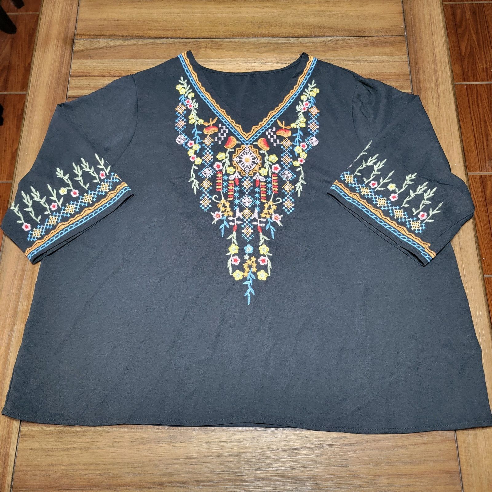 Other Black LS V-Neck Blouse w/ Embroidered Neck & Cuffs -Size 4XL Size 4XL / US 24-26 - 1 Thumbnail