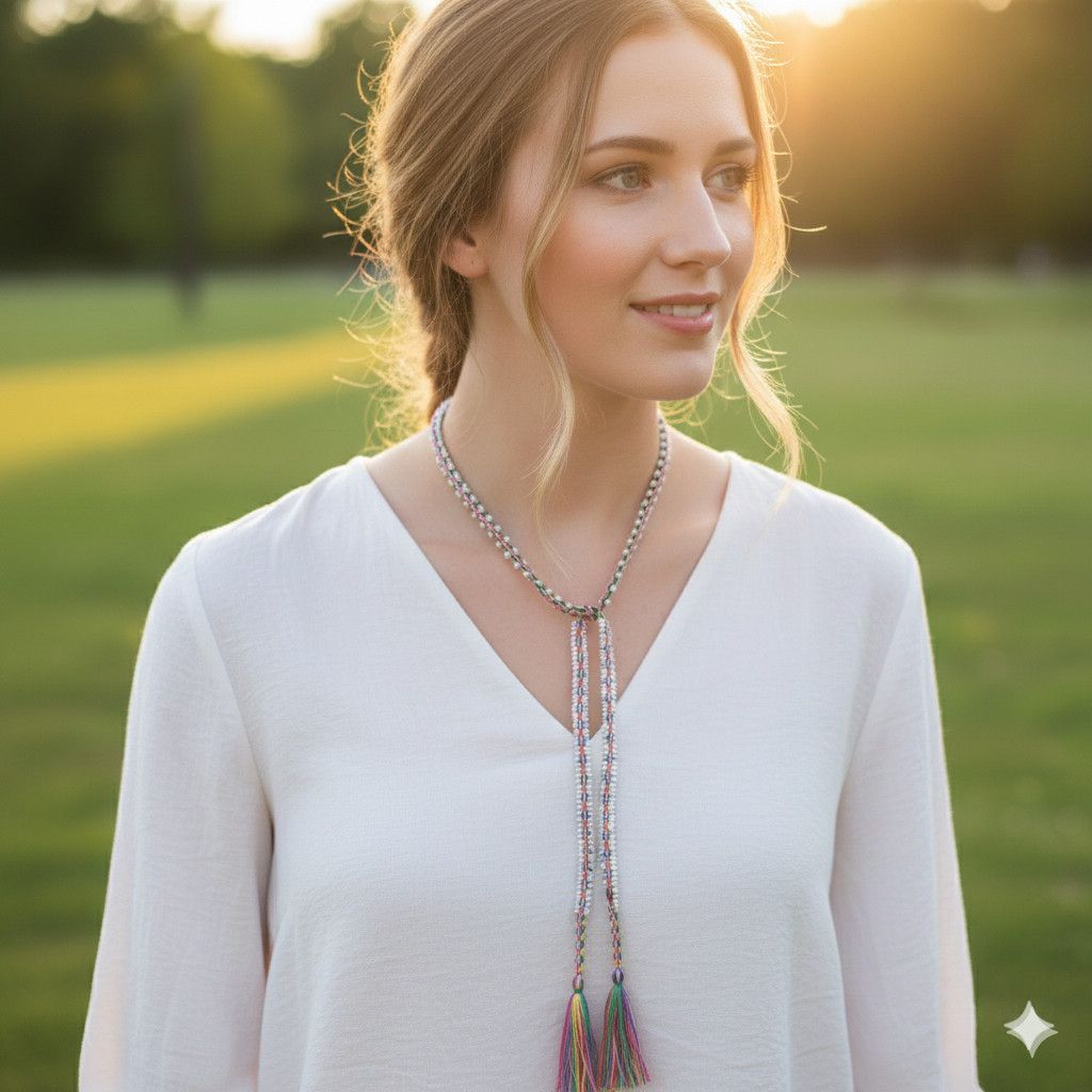 Handmade Lariat 40" Necklace Bracelet Rainbow Woven White Beaded Size ONE SIZE - 9 Thumbnail
