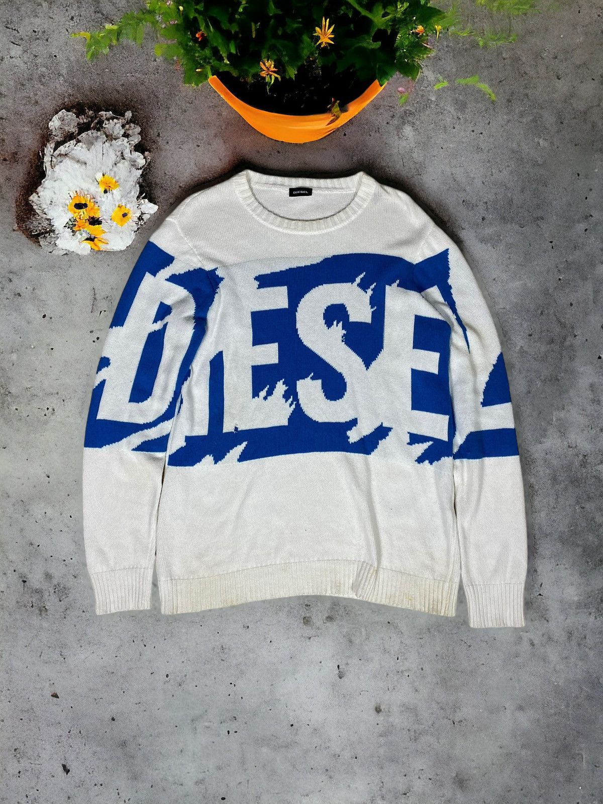 image of Hype Y2K Sweater Diesel Big Logo in Blue White, Men's (Size Large)