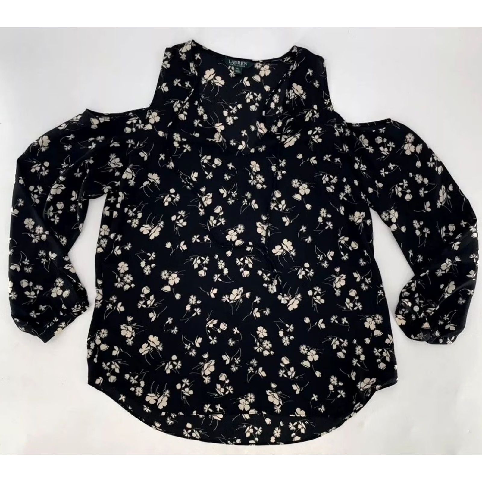 Ralph Lauren Lauren Ralph Lauren Chalsie Black Floral Print Blouse Cold Shoulder Top Size PL Size L / US 10 / IT 46 - 5 Thumbnail