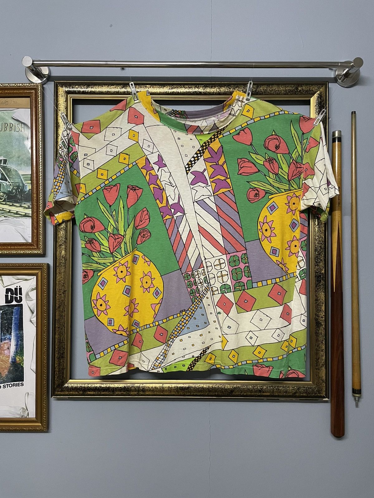 Vintage 1990s Japan Designer KD Art Flower FullPrint Tshirt