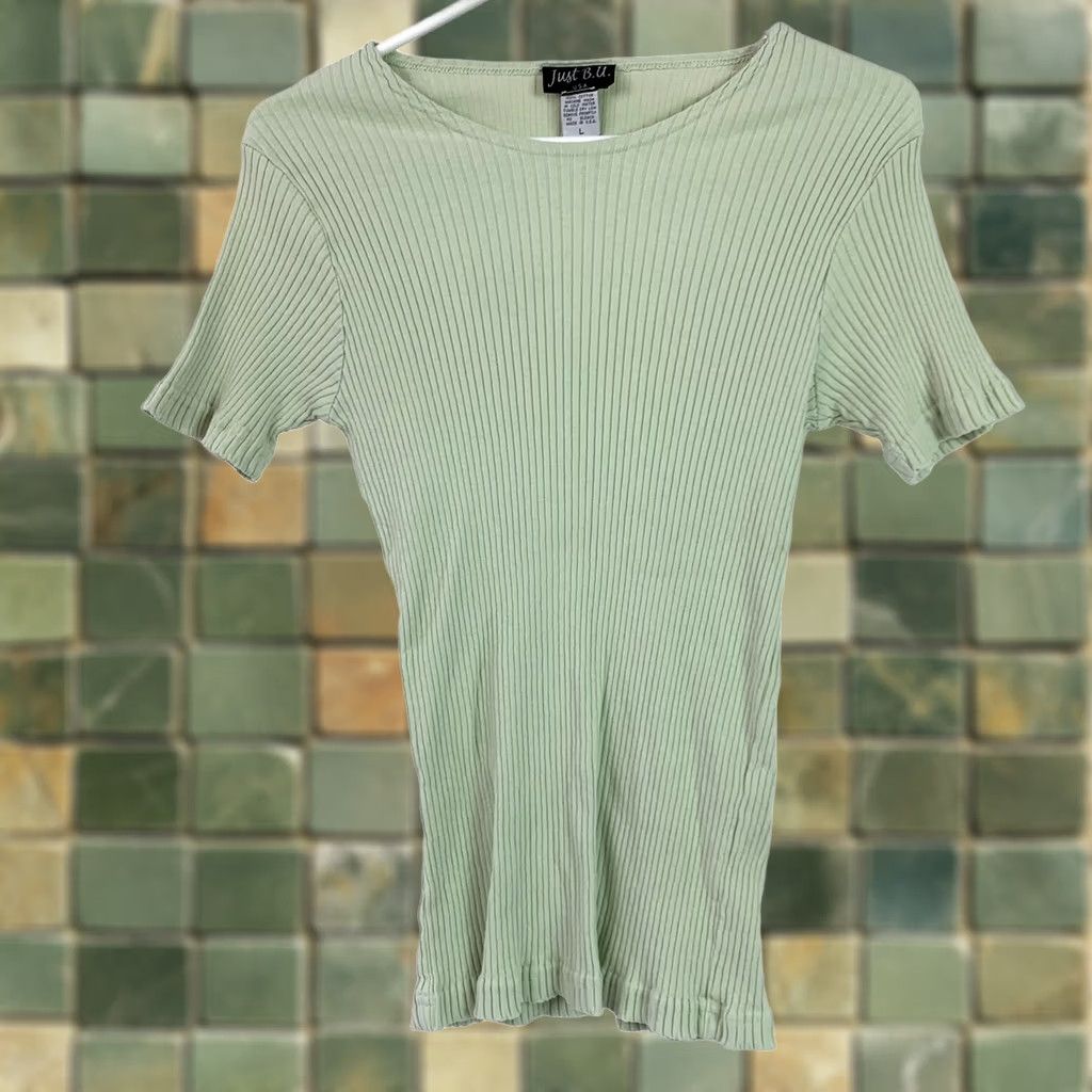 Vintage Y2K 90s Just B.U. Sage Green Short Sleeve Ribbed Bodycon Shirt Womens Large Size L / US 10 / IT 46 - 1 Thumbnail