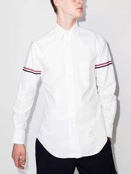 Thom Browne White Long Sleeve Button-Up Shirt with Striped Sleeves Size US XL / EU 56 / 4 - 1 Thumbnail