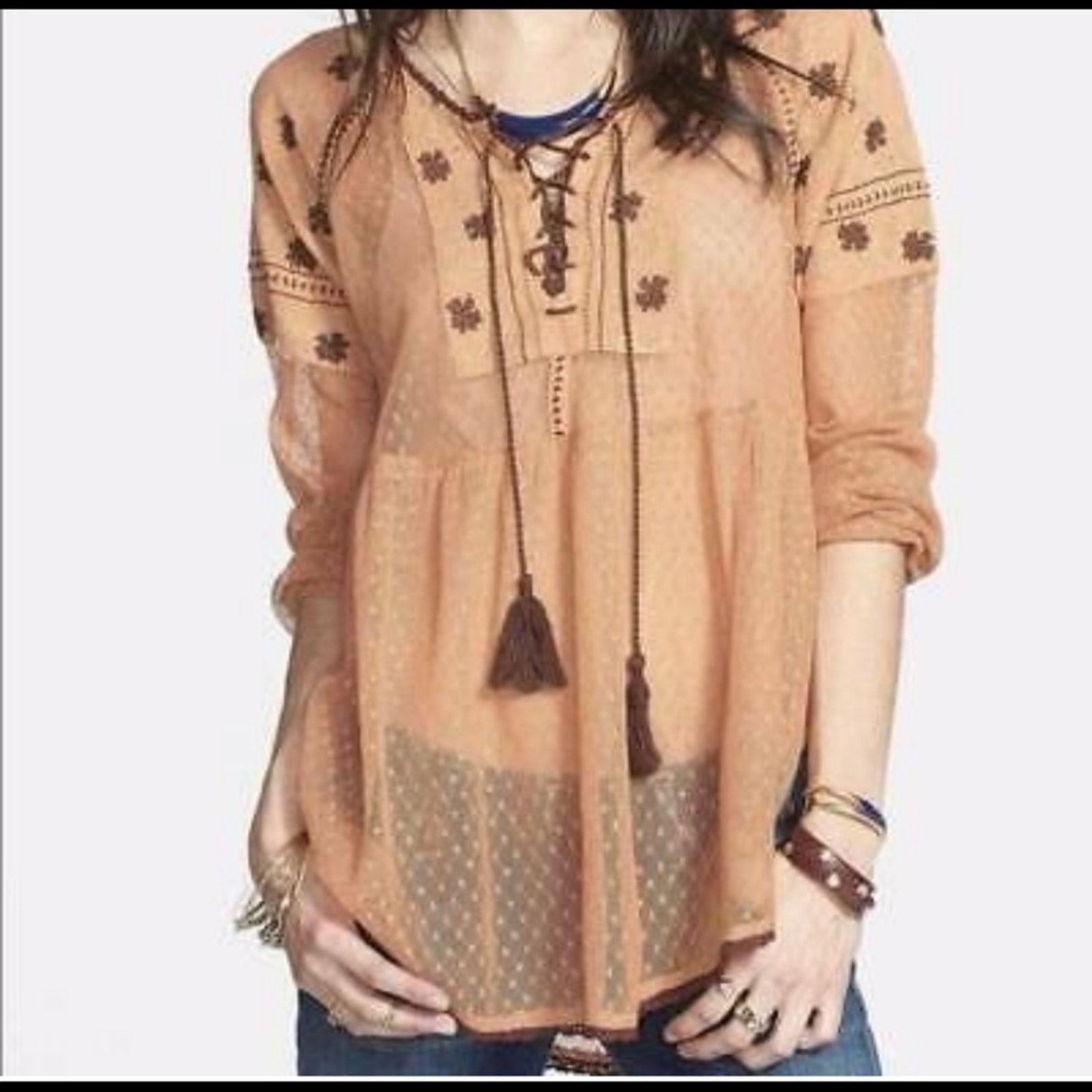 Free People Free People Sheer Mesh Embroidered Peasant Top Size S/P Size S / US 4 / IT 40 - 1 Thumbnail