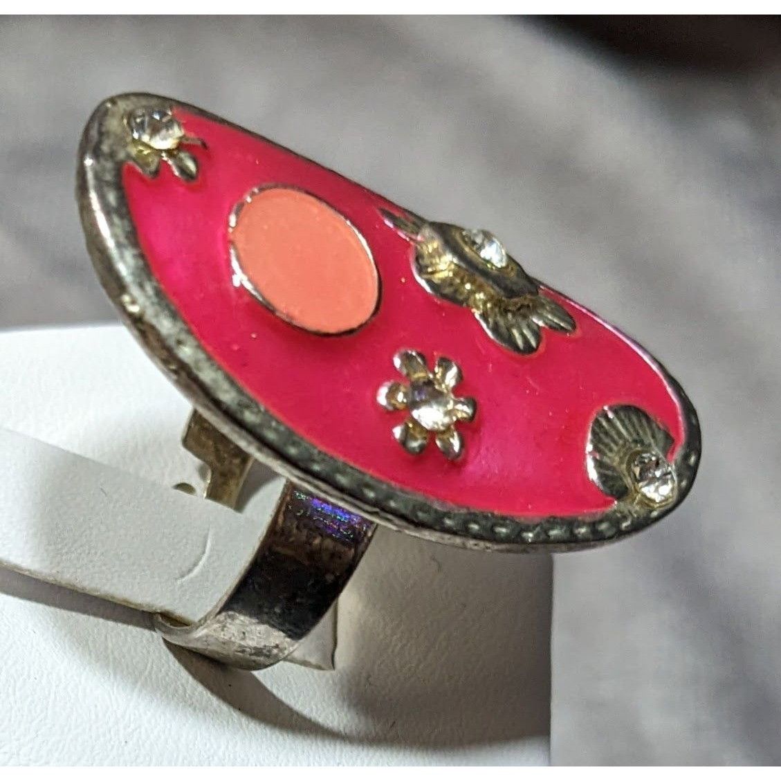 Other Retro Floral Pink Enamel And Silver Tone Oval Ring Size ONE SIZE - 7 Thumbnail