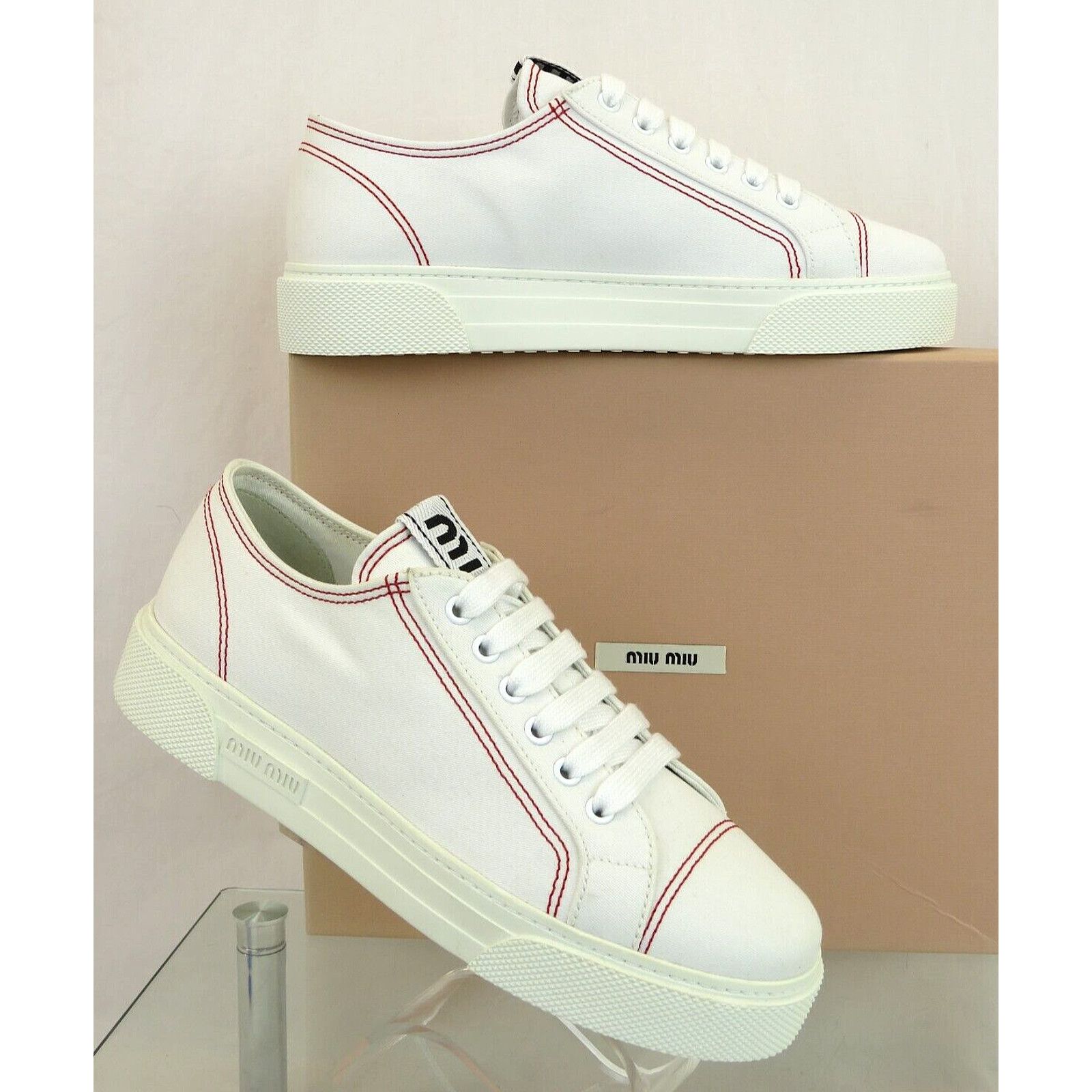 Miu Miu 5E004D WHITE CANVAS RED STITCHING LOGO LACE SNEAKERS 40 Size US 10 / IT 40 - 1 Thumbnail
