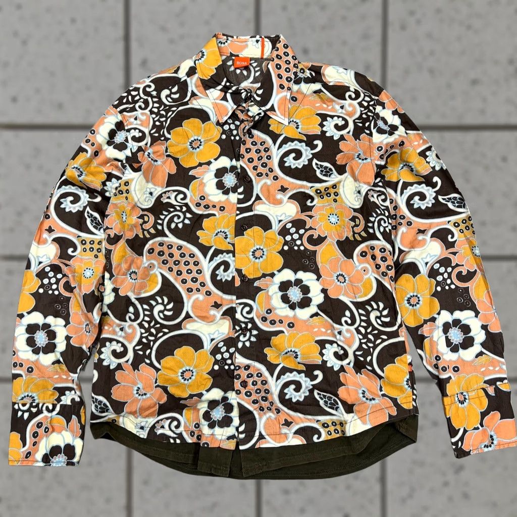 Hugo Boss VINTAGE HUGO BOSS Shirt Mens 2XL Orange Floral Print Retro Long Sleeve Size Size US XXL / EU 58 / 5 - 1 Thumbnail