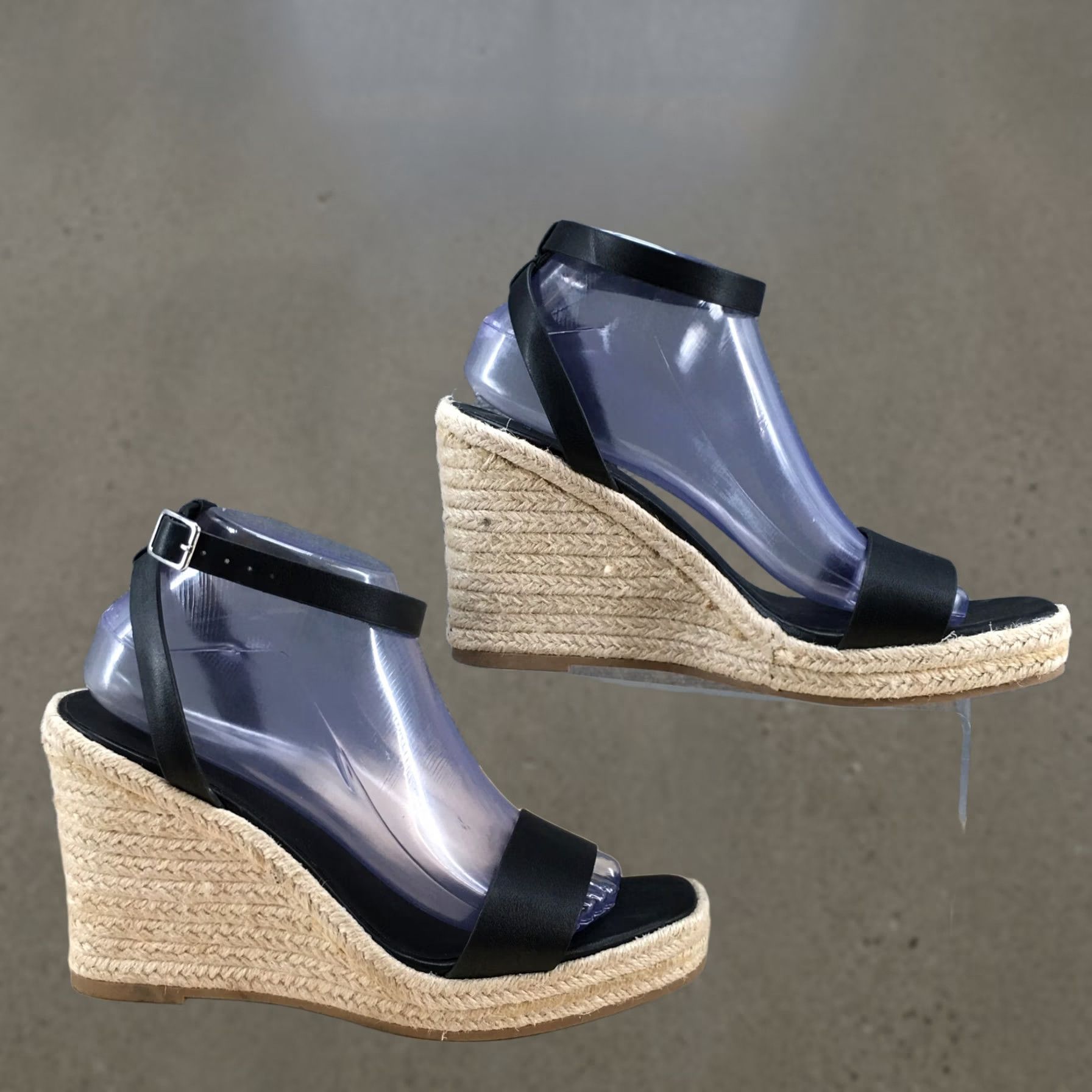 Vintage A New Day Sandals Espadrille Wedge Heels Ankle Strap Faux Leather Black 9 Womens Size US 9 / IT 39 - 1 Thumbnail